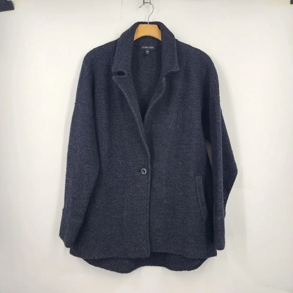 Eileen Fisher Women's Purl Knit 1 Button 100% Wool Long Sleeve Coat Size S